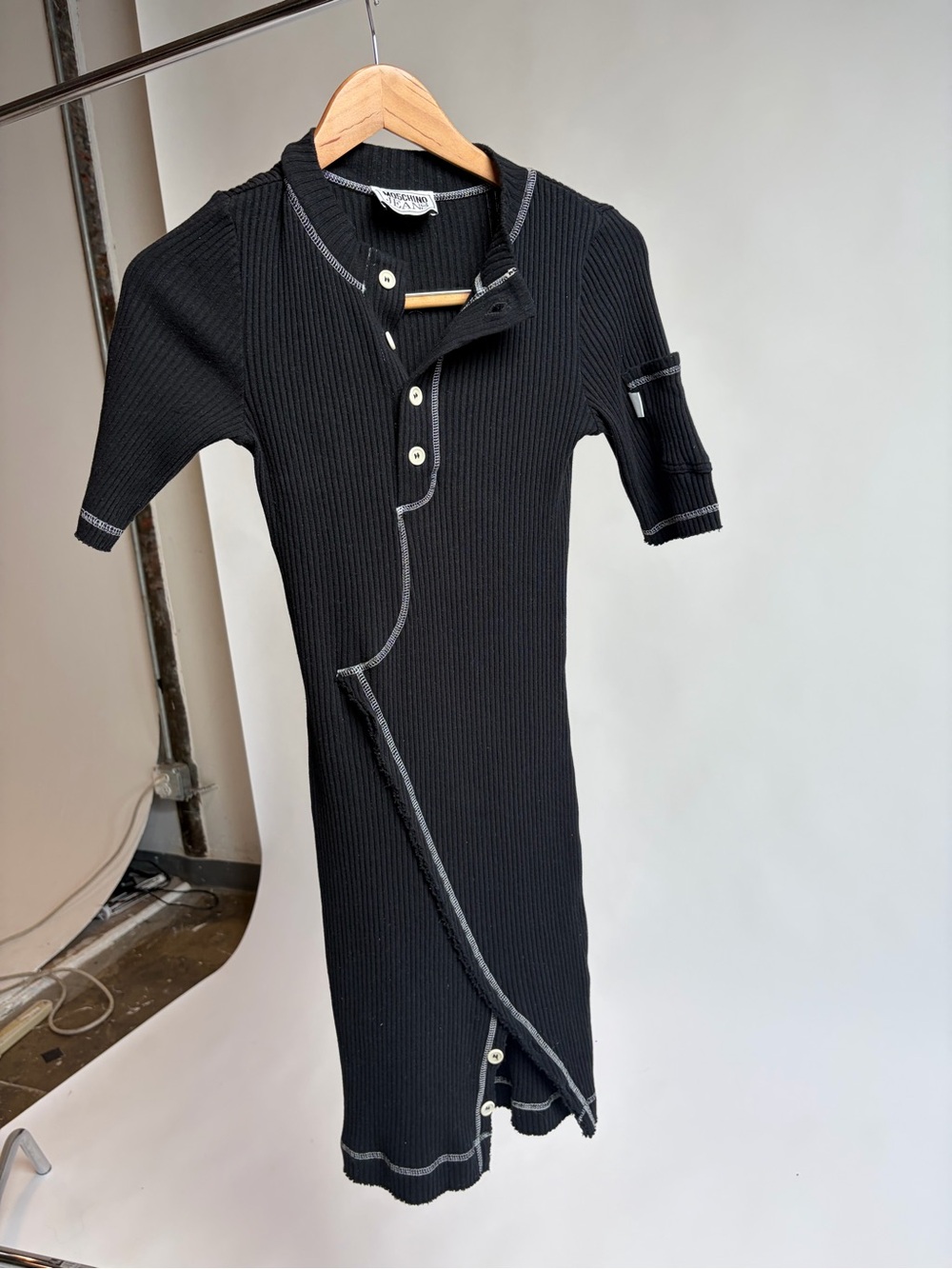 Moschino Jeans Black Ribbed Asymmetric Button Dress Contrast Stitching